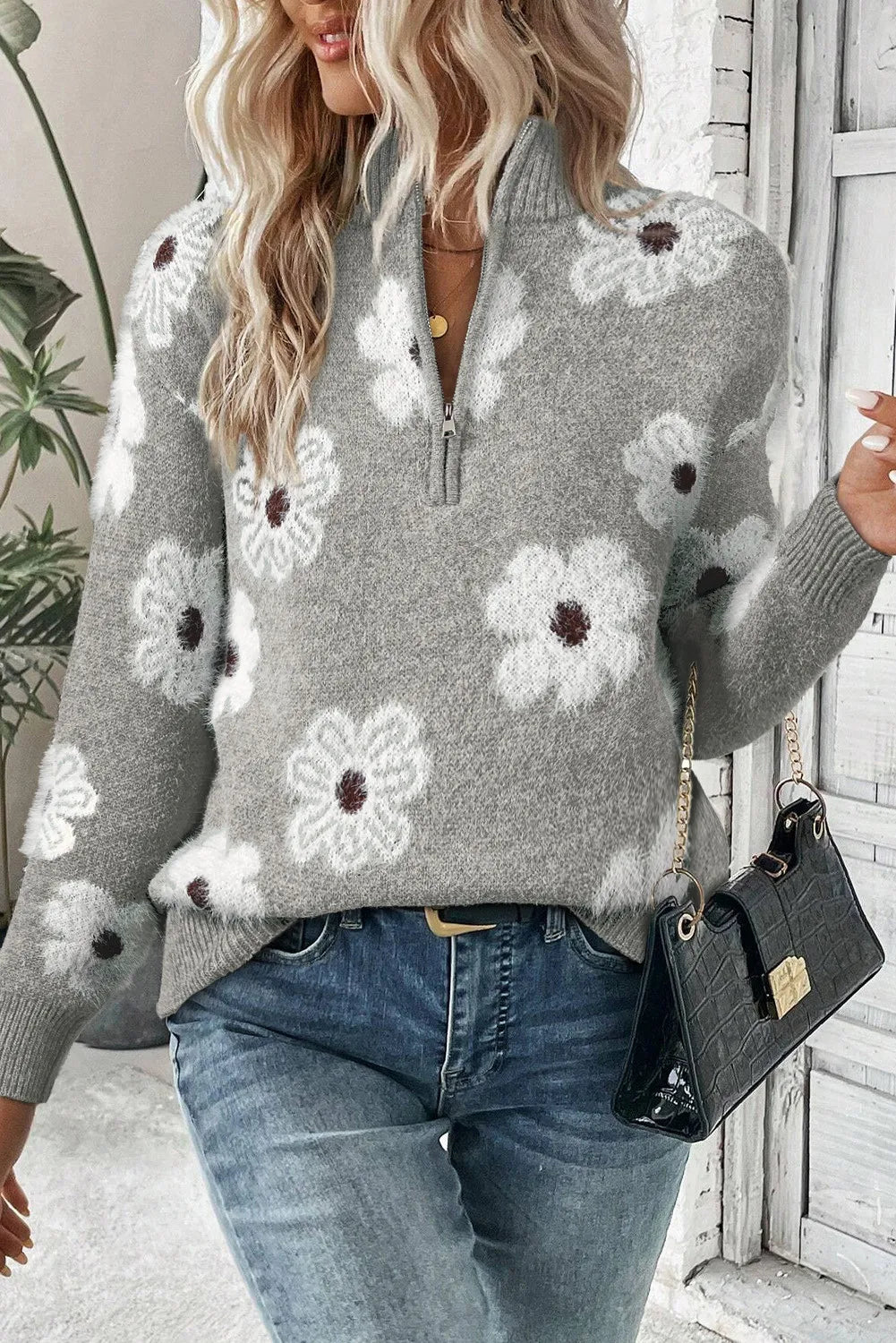 PetalZip - Stijlvolle Bloementrui met Halve Rits voor Dames, Casual Chic