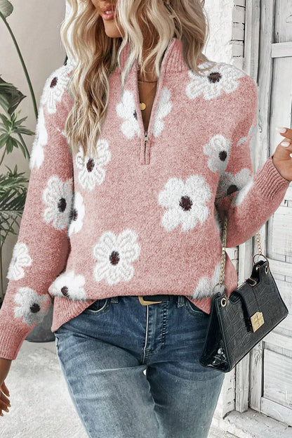 PetalZip - Stijlvolle Bloementrui met Halve Rits voor Dames, Casual Chic